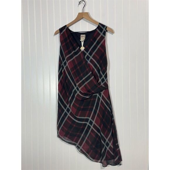 Haute Hippie Women’s Small Plaid Silk Dress Burgundy Black Asymmetrical Hem NWT - Picture 1 of 12